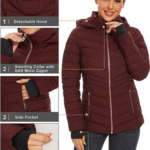 Long Puffer Coat Winter Warm Puffer Jacket with Metal Zipper (Wine Red, M) - Picture 4 of 6